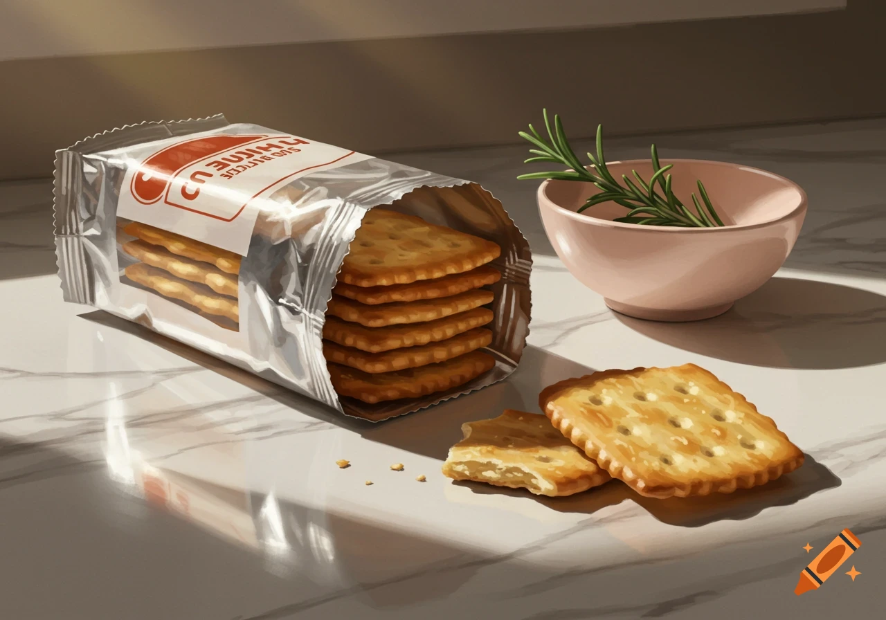 An open silver package of crackers on a marble counter, with crackers spilled out, a broken cracker, and a pink bowl of rosemary.