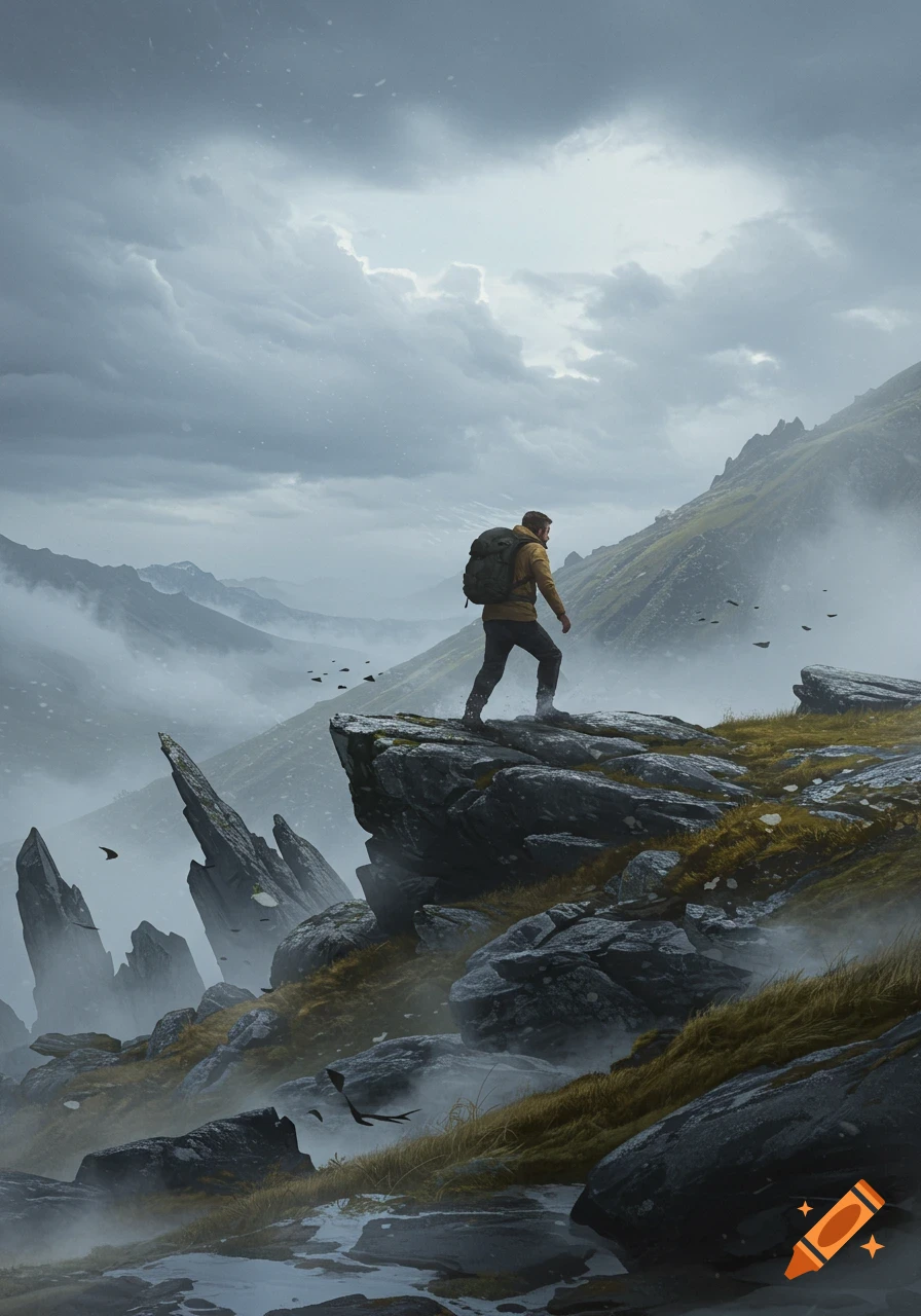 A man with a backpack stands on a rocky cliff overlooking a foggy, mountainous landscape under an overcast sky.