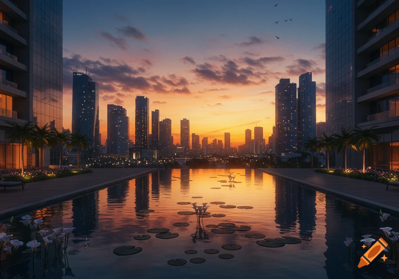Photorealistic cityscape at sunset with modern skyscrapers reflecting in a calm pool, framed by palm trees and water lilies.