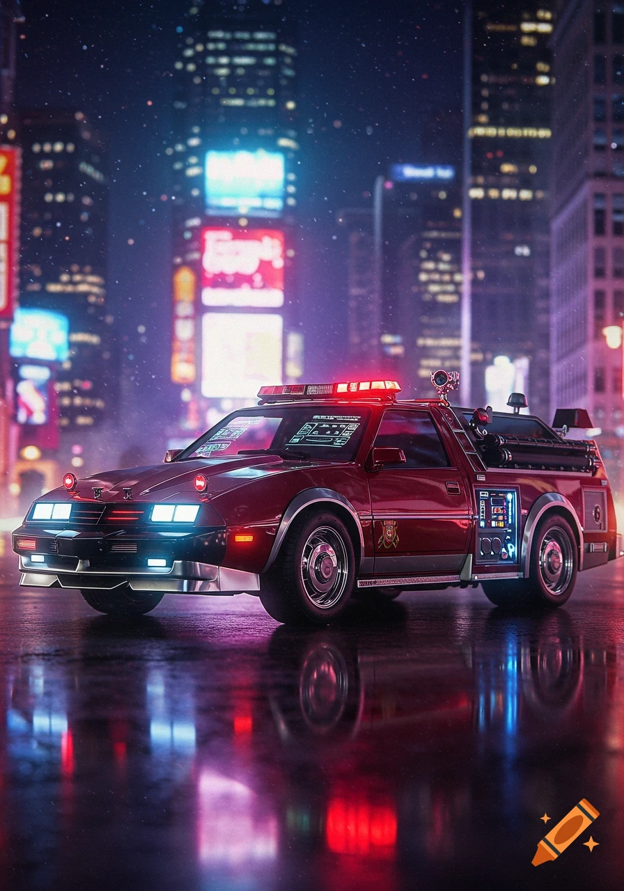 A sleek, futuristic red fire truck with glowing blue and red lights is parked on a wet city street at night, reflecting the neon signs of tall buildings in the background. The truck has various glowing displays and tech features.
