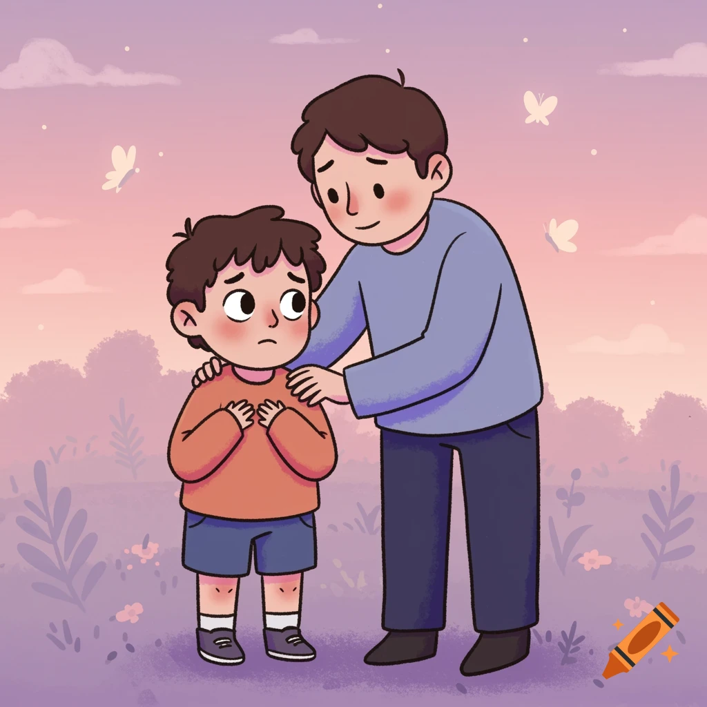 Cartoon of an adult comforting a worried child outdoors under a pink sky with butterflies.