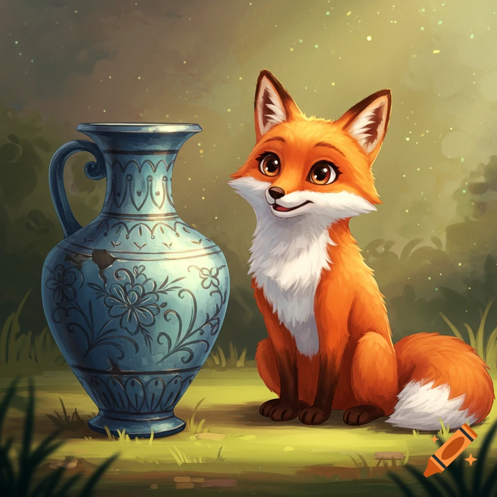 A cute, cartoon fox with big eyes sits on green grass next to an old, blue patterned vase.