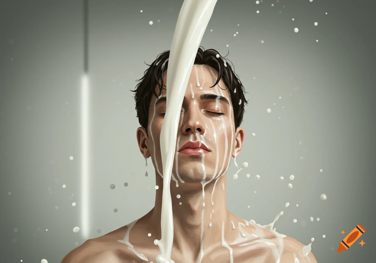 A man with closed eyes has milk pouring down his face and shoulders, with splashes around him, against a light gray background.