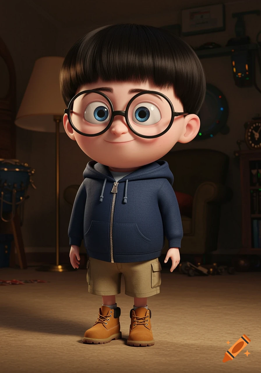 A cute animated boy with a bowl cut, round glasses, blue hoodie, tan cargo shorts, and tan boots, standing indoors.