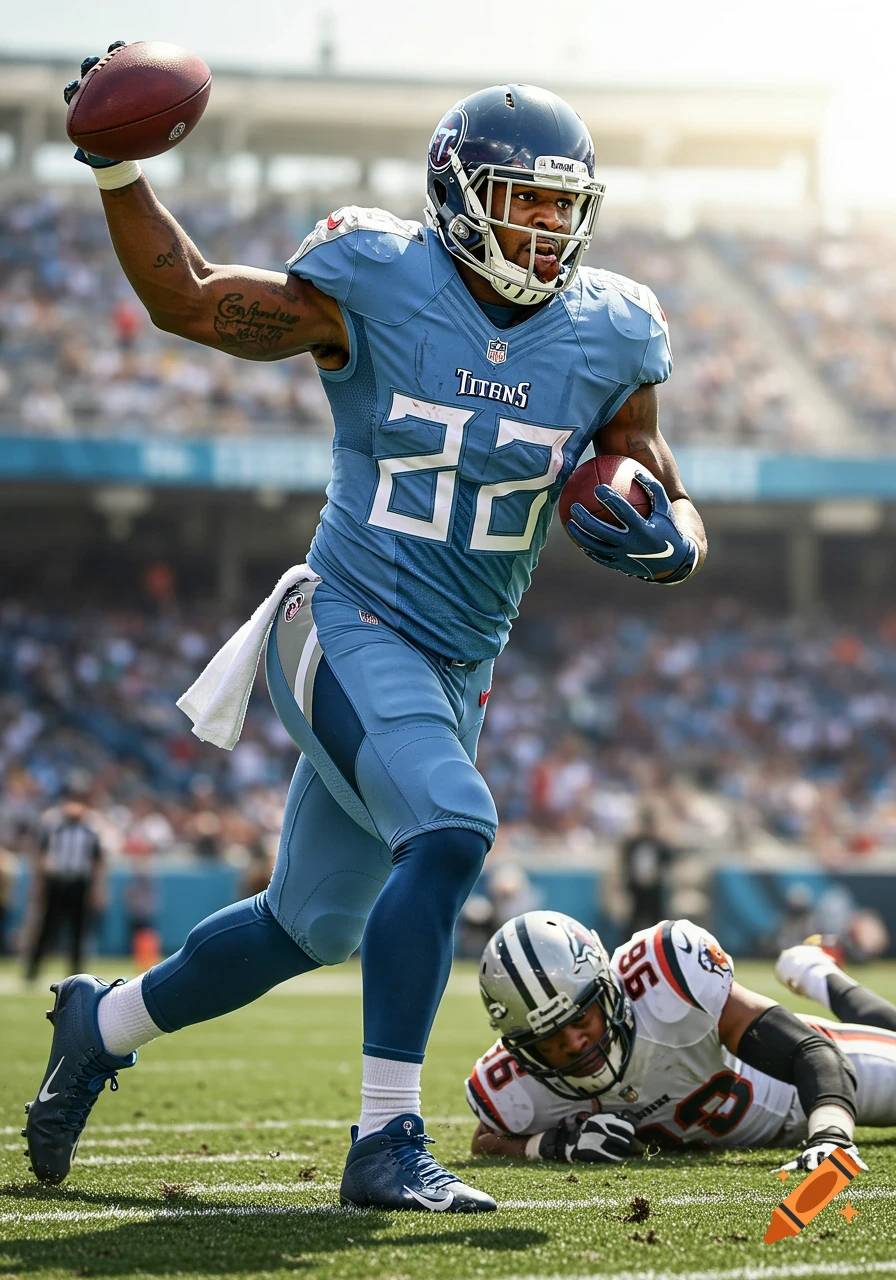 Derrick Henry in a light blue Titans jersey (number 22) runs with the football, stiff-arming an opponent on the ground during a game.