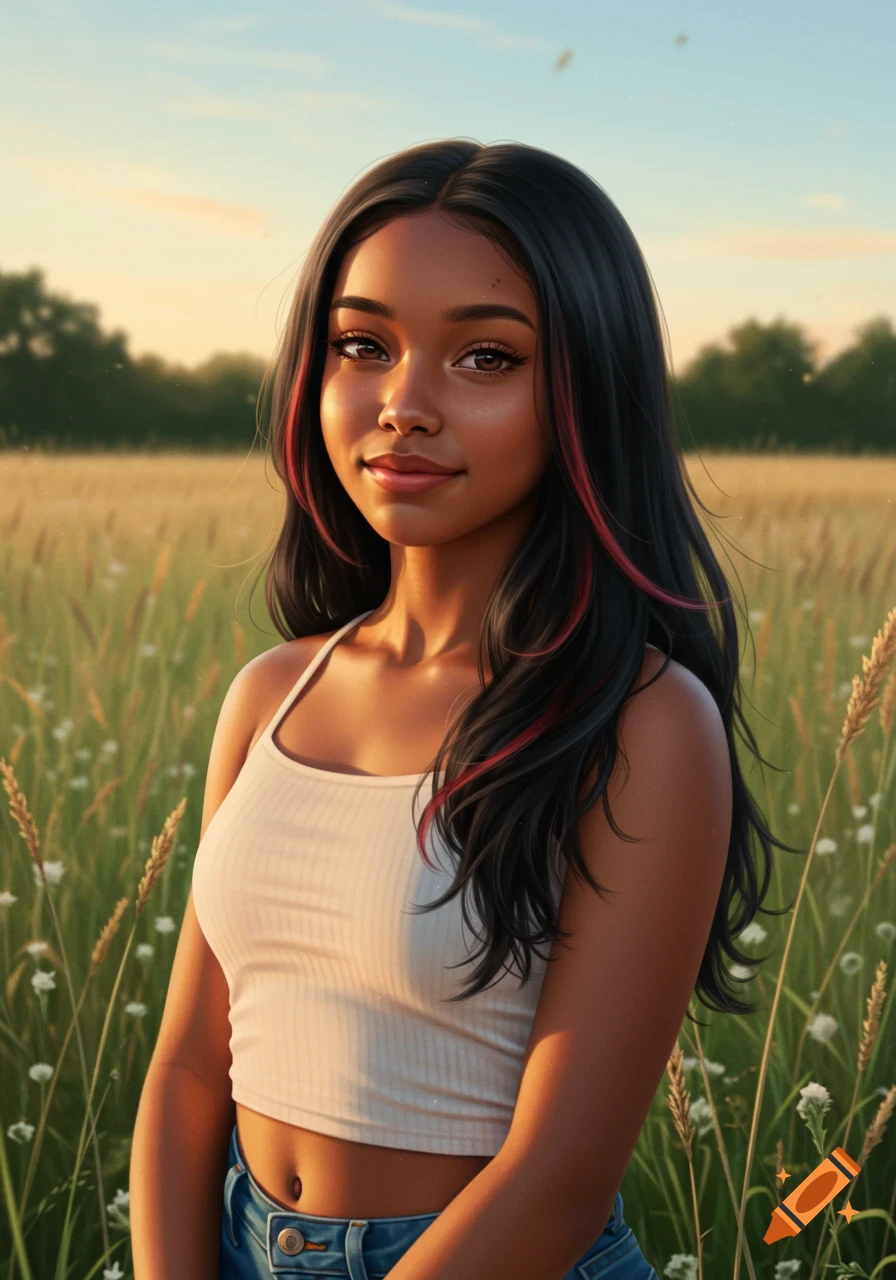 A young woman with light brown skin and long black hair with faded red tips stands in a sunny field, wearing a white tank top.