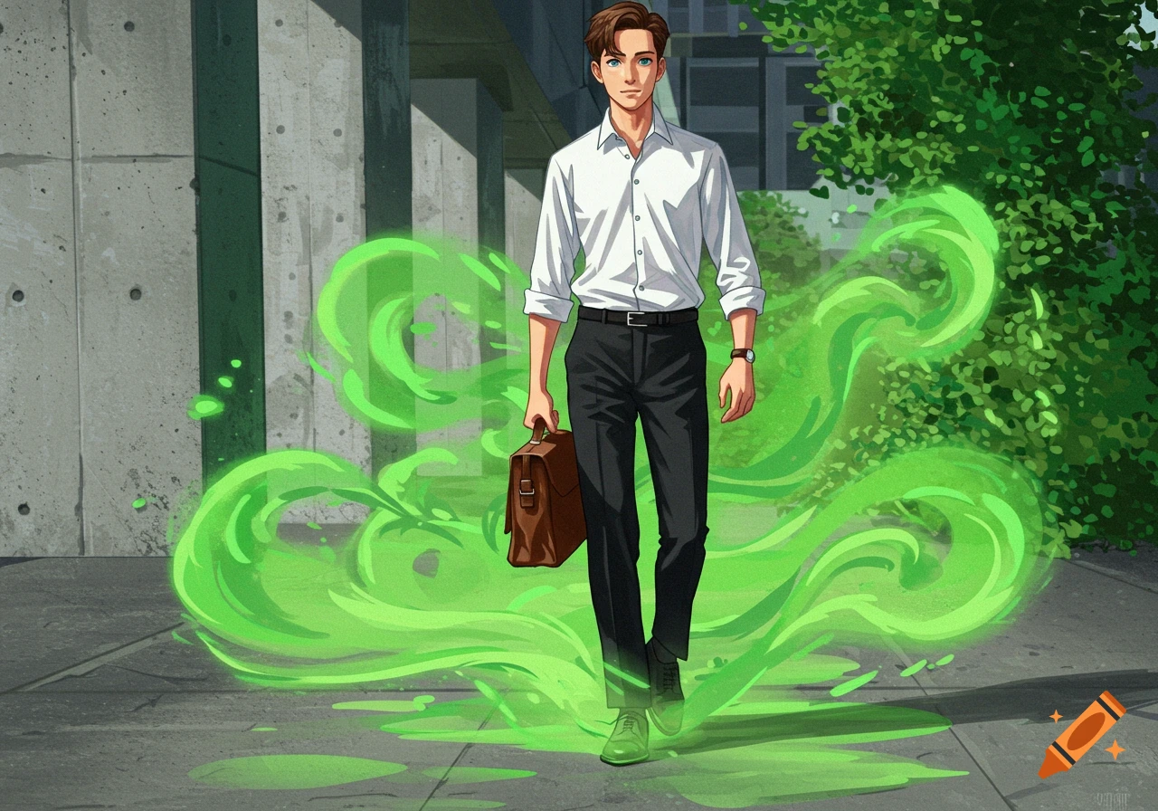 An anime-style illustration of a young man in business attire walking with a briefcase, surrounded by swirling green mist.