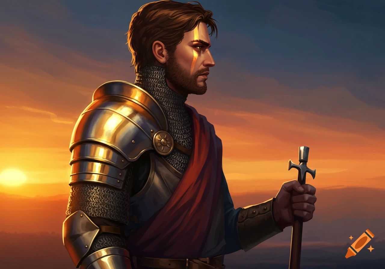 A knight in gold armor and chainmail, with a beard and determined expression, stands in profile at sunset, holding a sword.