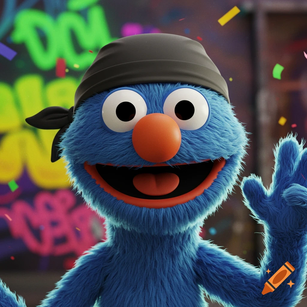 A blue, furry puppet character resembling Grover wears a black bandana and smiles, with a blurry graffiti background and colorful confetti.