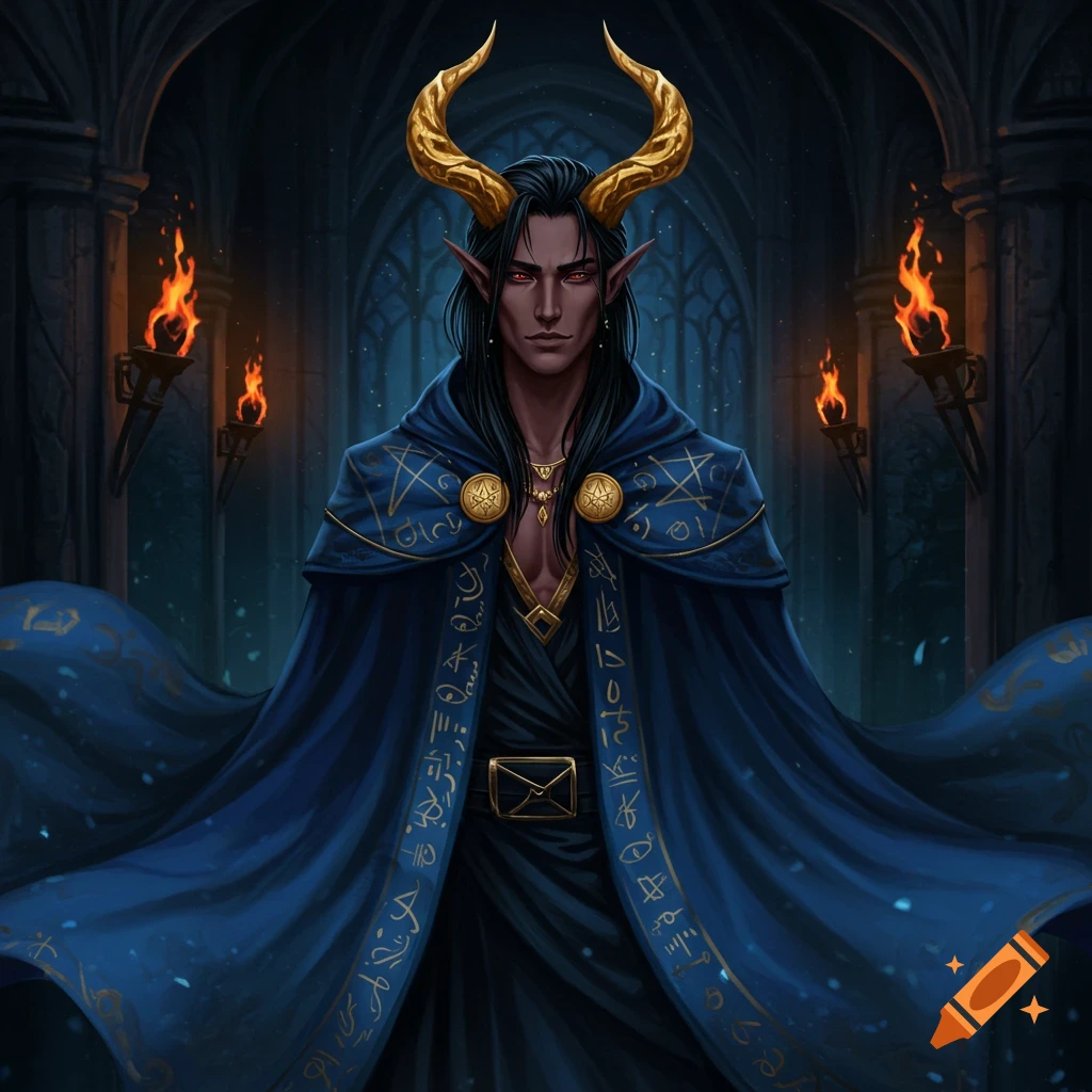 A male cambion with long dark hair, red eyes, and gold horns wears a detailed blue cloak, standing in a dark, gothic hall lit by torches.
