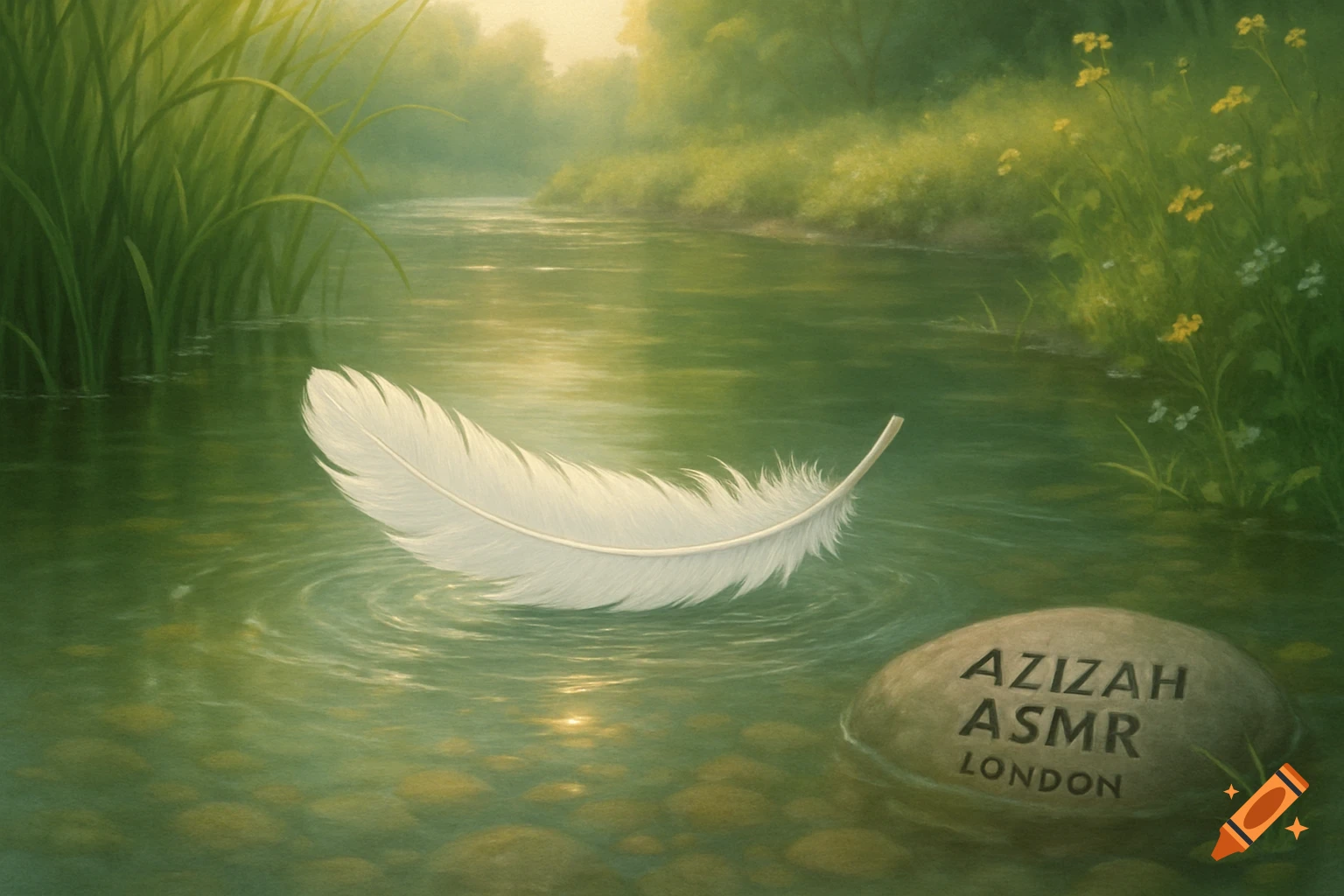 A white feather floats on a serene green river with ripples, a rock inscribed AZIZAH ASMR LONDON, and lush greenery.