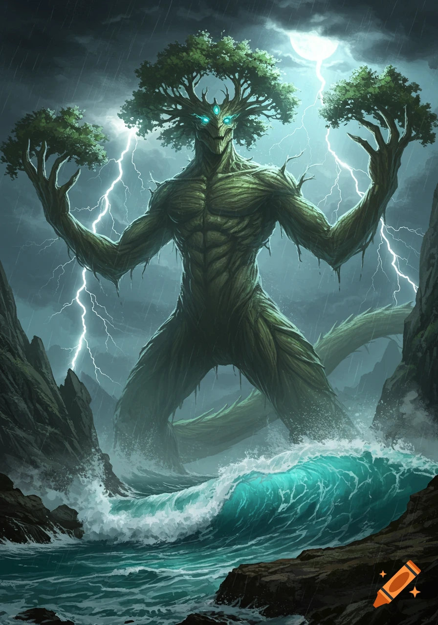 A colossal, green tree-like creature with glowing eyes stands in a stormy ocean with lightning, holding small trees.