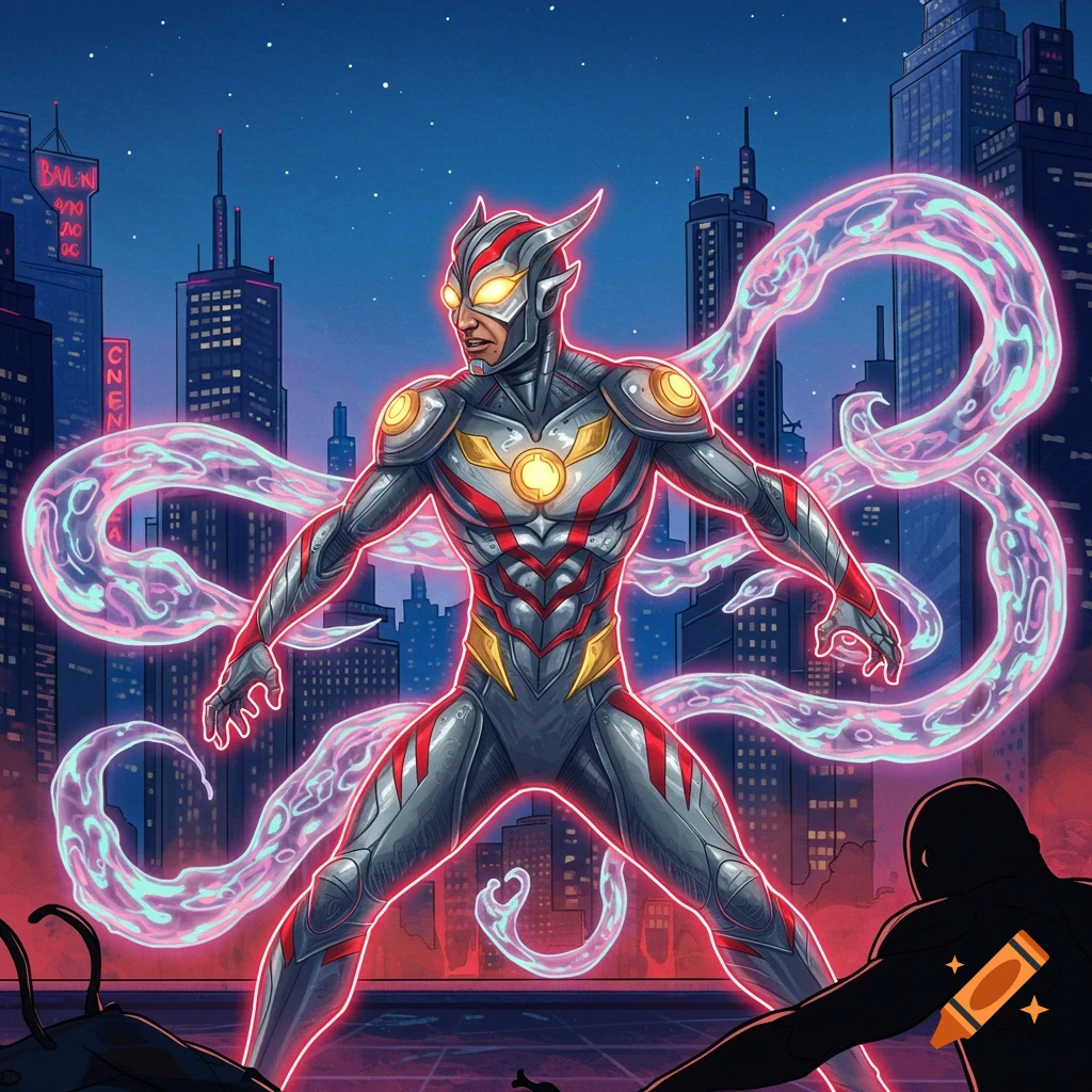 A powerful superhero with a gray and red suit, glowing eyes, and ethereal tendrils around him, stands ready in a neon-lit city at night.