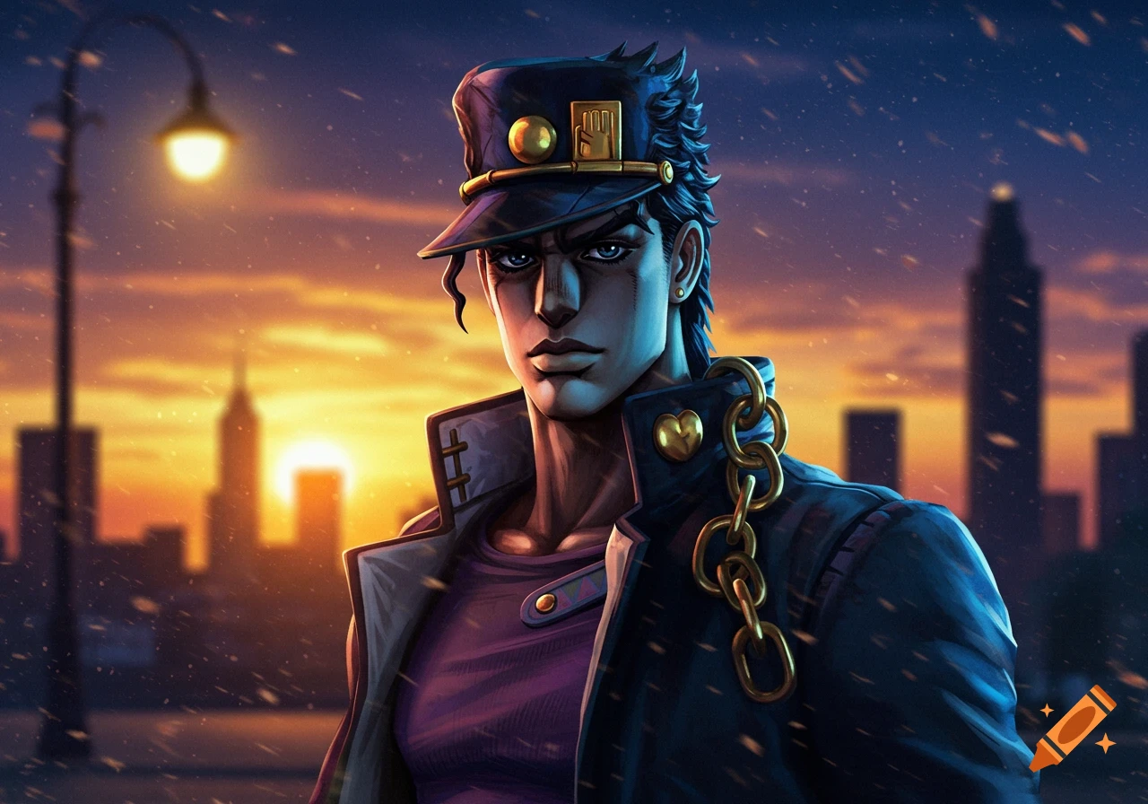 Anime character Jotaro Kujo in a dark coat and hat, featuring a golden chain, against a sunset city skyline with falling snow.
