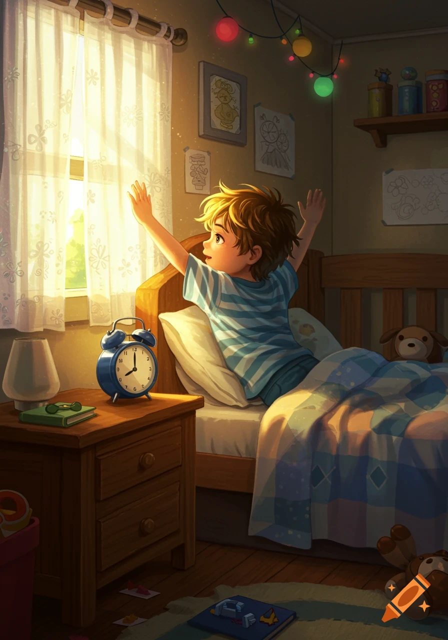 A young boy stretches in his bed, reaching towards a bright, sunlit window in his cozy bedroom. Digital illustration.