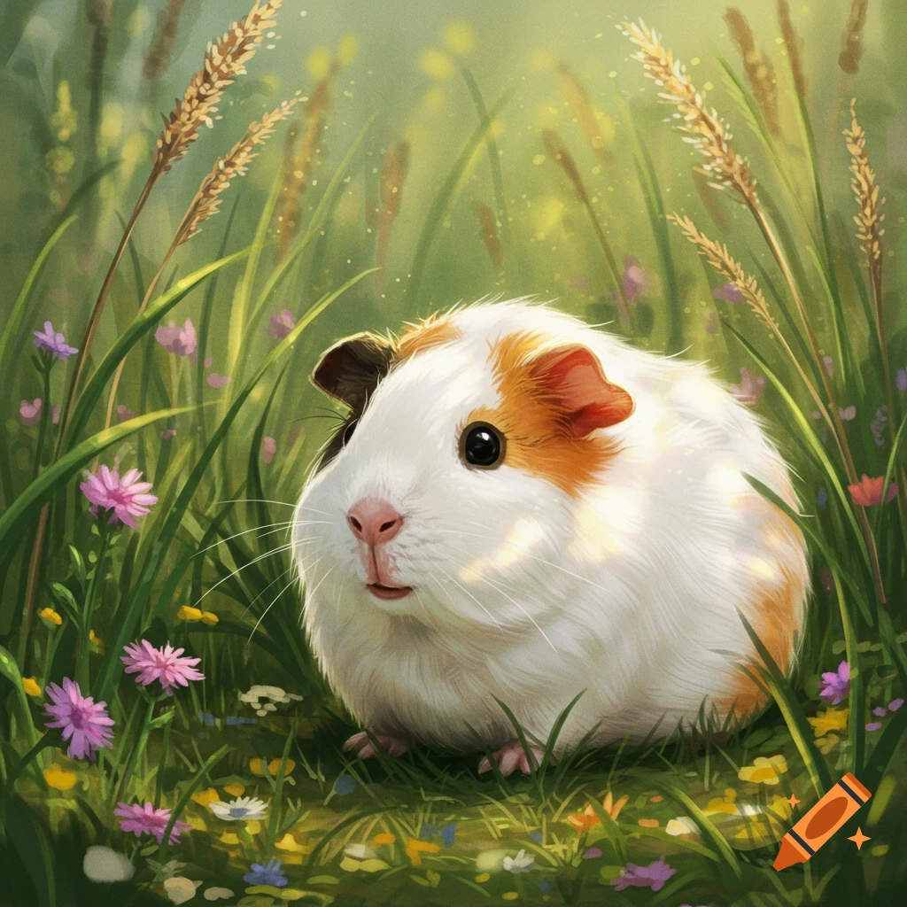 Fluffy white and brown guinea pig sitting in a field of tall grass and wildflowers, illustration.