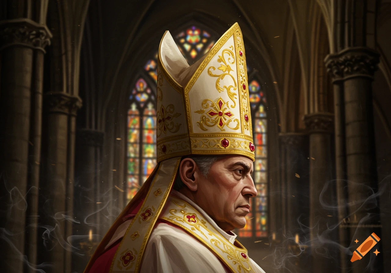 Stylized portrait of a clergyman in an ornate white and gold mitre, in a dark gothic cathedral.