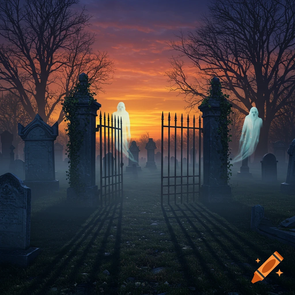 Misty graveyard with glowing ghosts, open gates, and gravestones under a dramatic sunset sky.
