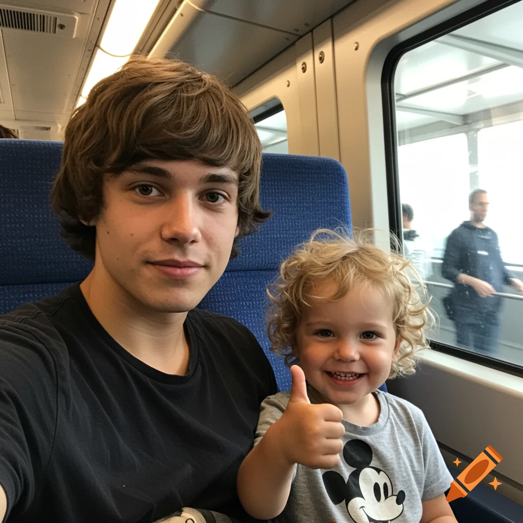 A young man takes a selfie with a smiling little boy doing a thumbs up on a train.