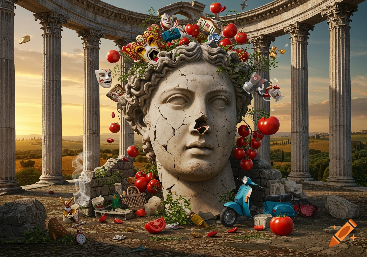 A cracked classical bust adorned with masks, tomatoes, and objects like a scooter, set among ancient ruins in a photorealistic, surreal style.