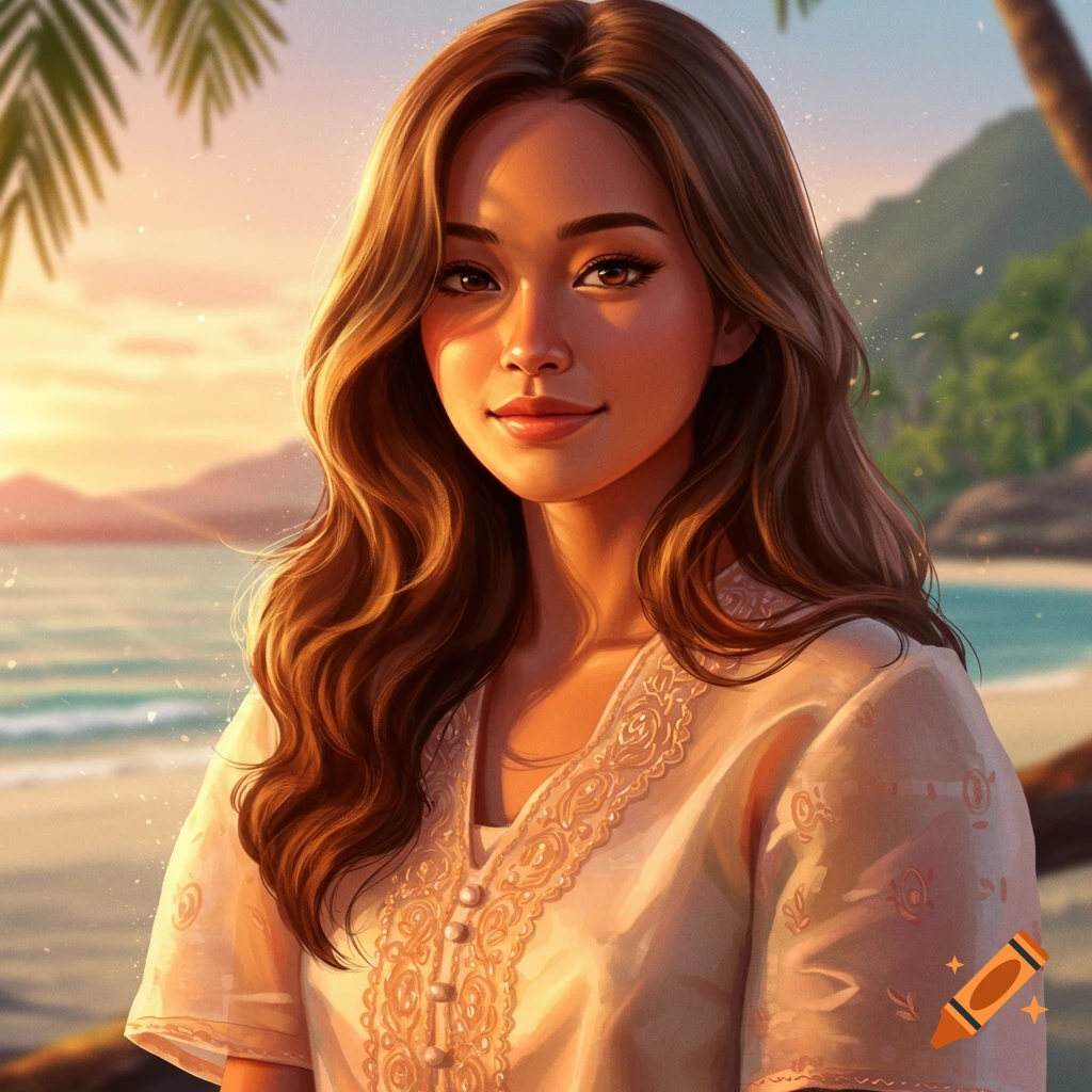 Digital art portrait of a smiling young woman with long brown hair, wearing a white blouse, on a sunny beach at sunset.