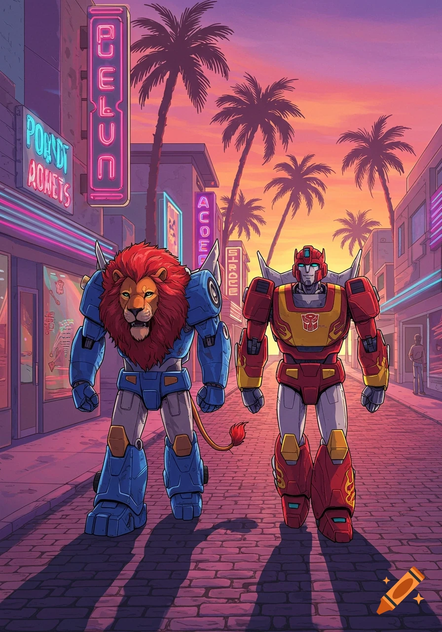 Two humanoid robots, one with a lion's head and the other red and yellow, walk down a neon-lit retro street with palm trees at sunset.