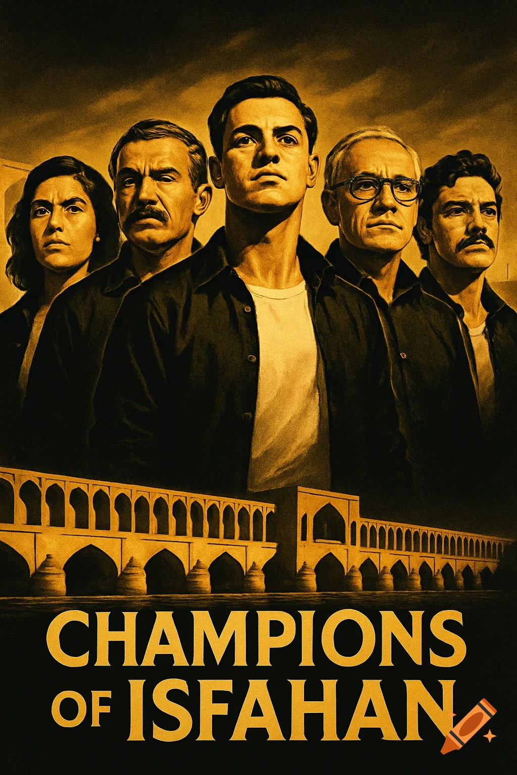 Dramatic golden and black poster of five determined people in front of Isfahan's Si-o-se-pol bridge, with the text 'Champions of Isfahan'.