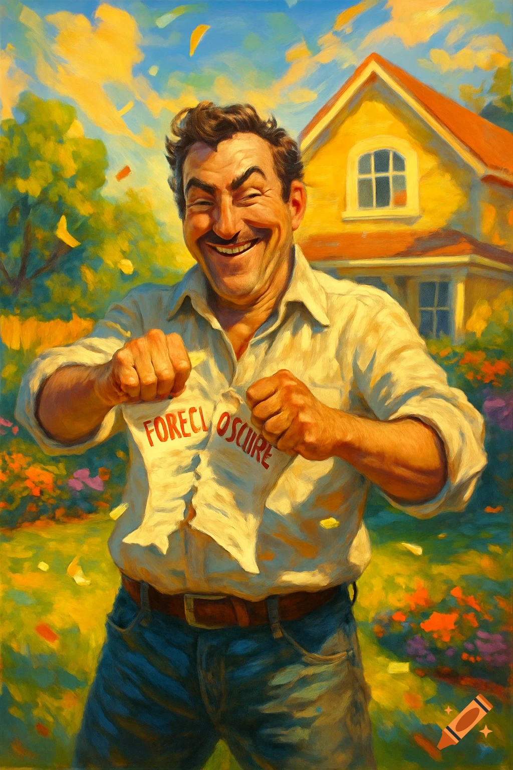 A happy man in a vibrant, painterly style tears a foreclosure notice in front of a yellow house.