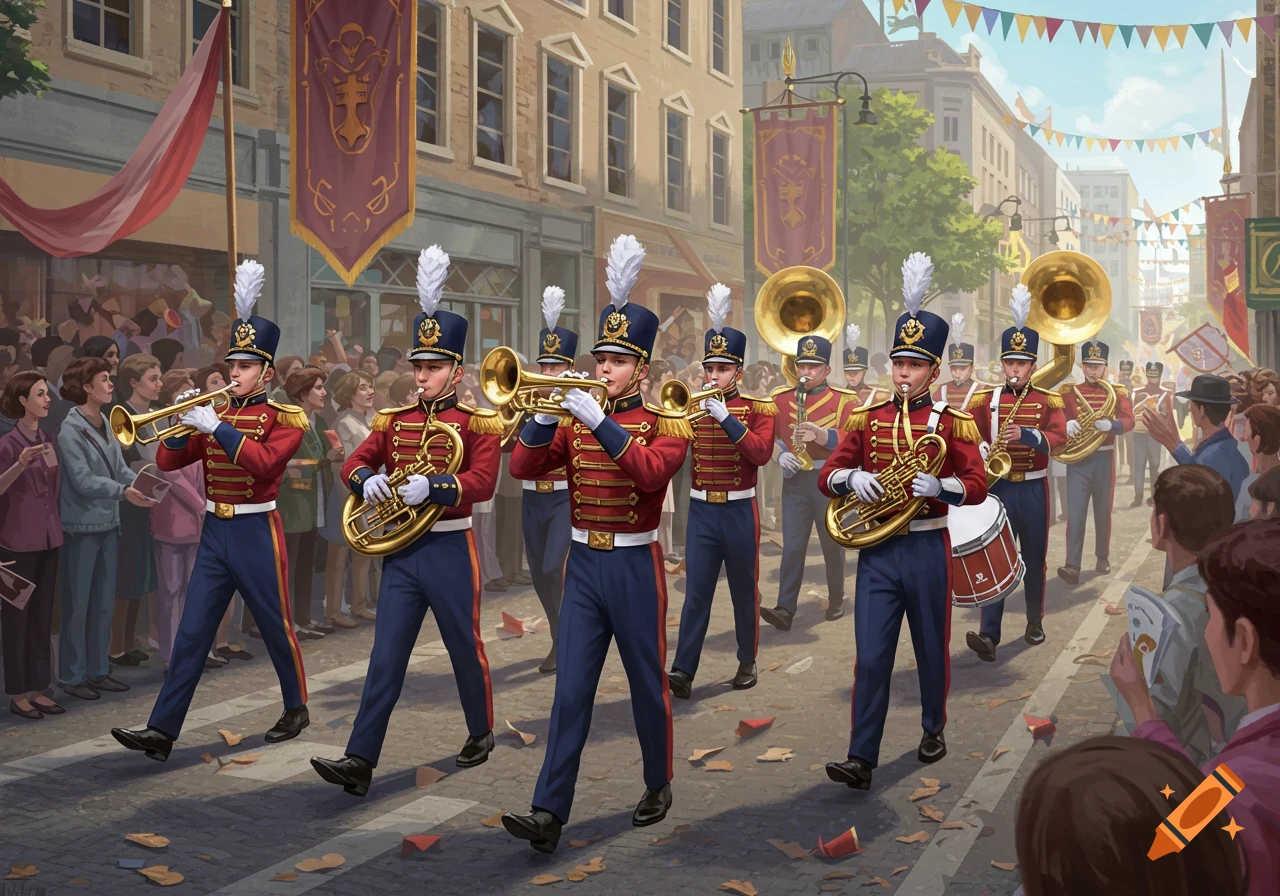 A vibrant illustration of a marching band in red and blue uniforms parading down a street with spectators.
