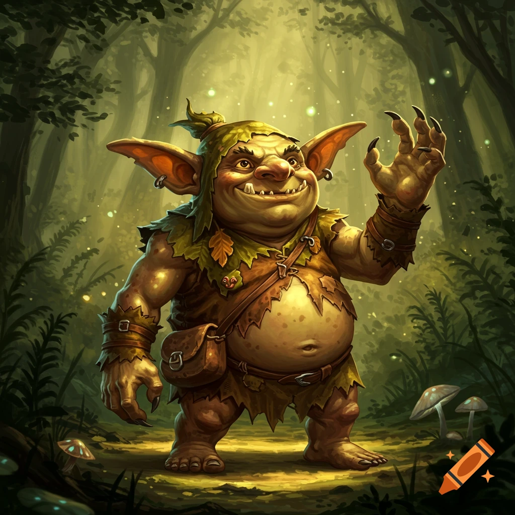 A detailed fantasy illustration of a smiling, fat goblin with a claw hand, wearing leafy clothes, standing in an enchanted forest.