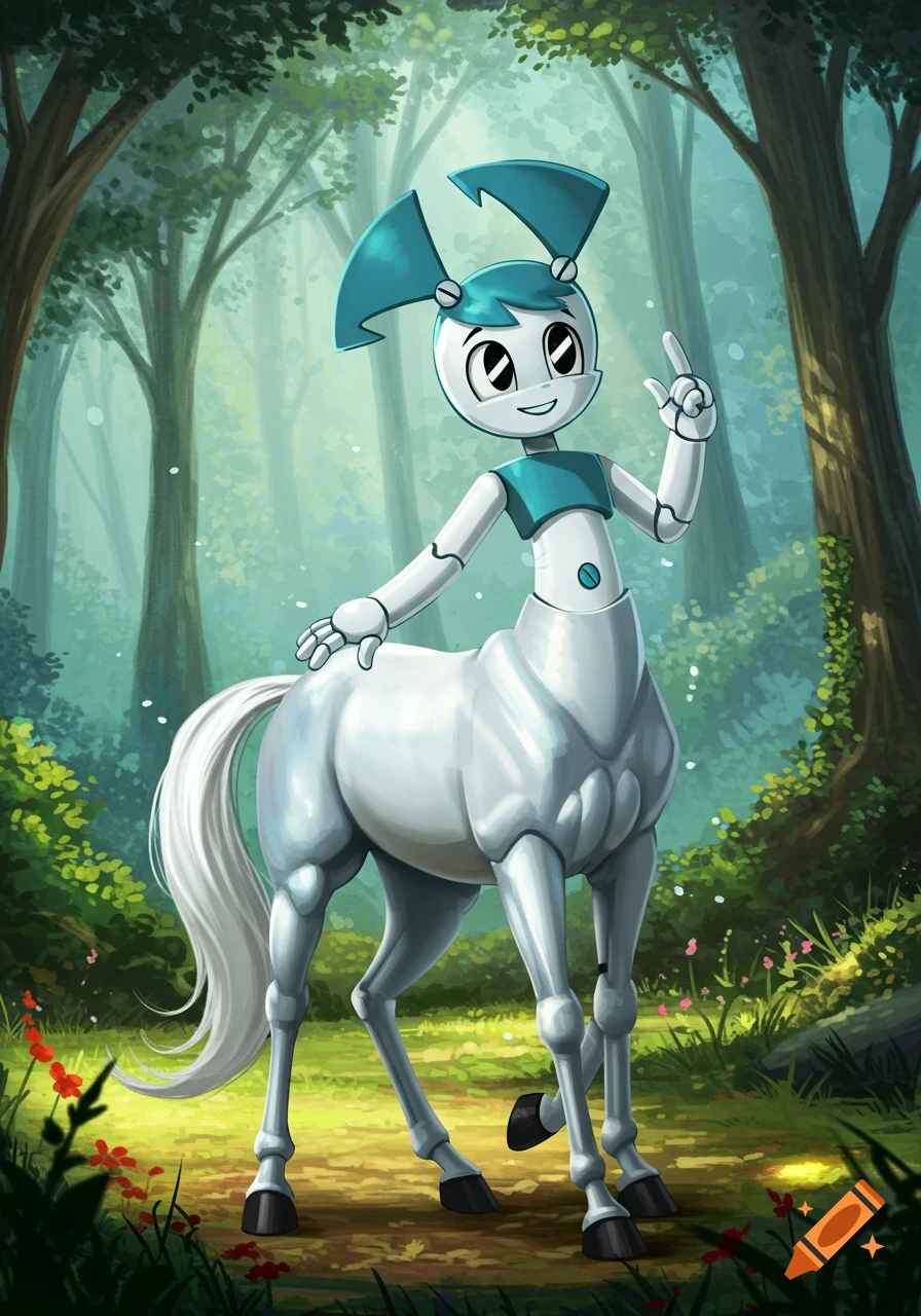 Cartoon illustration of Jenny Wakeman robot centaur with a white horse body and blue accents, standing in a forest.