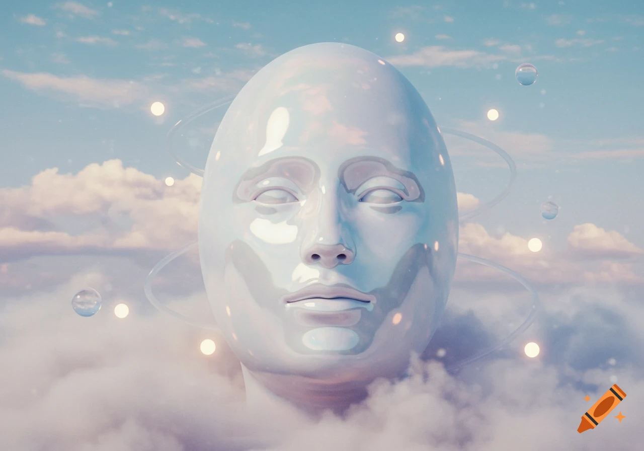 A large, smooth, pearlescent egg-shaped head with closed eyes floats among soft clouds and glowing orbs in a dreamlike, pastel sky.