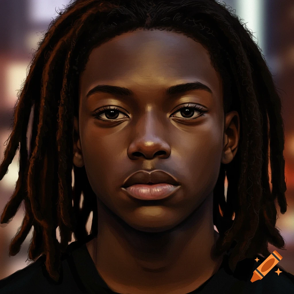 Close-up portrait of a young Black person with dark dreadlocks, deep eyes, and a serious expression.