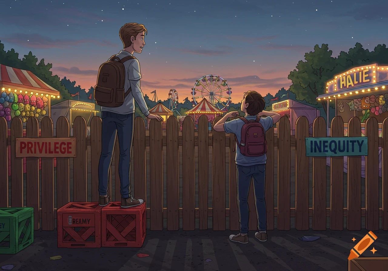 Two cartoon boys at dusk looking over a carnival fence. One boy stands on boxes labeled 'PRIVILEGE', the other stands on the ground by a sign reading 'INEQUITY'.