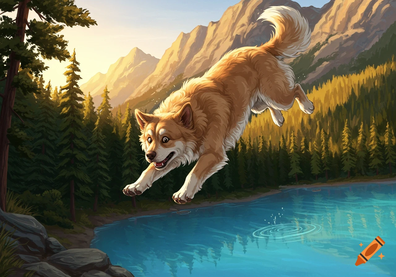 A happy, golden-furred dog leaps into a serene mountain lake at sunset, surrounded by pine trees and sunlit peaks in a stylized illustration.