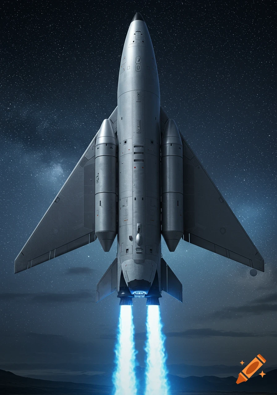 A sleek grey single-stage-to-orbit spacecraft with large delta wings and twin glowing blue engines launching into a starry night sky.