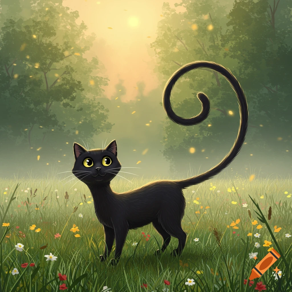 A stylized black cat with a long, curly tail stands in a sunny, wildflower-filled green field with trees in the background.