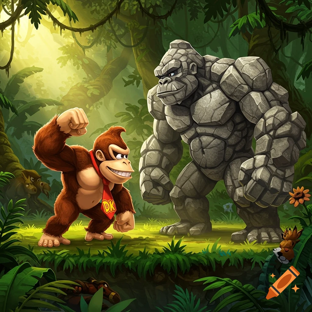 Donkey Kong, wearing a red tie with 'DK' on it, faces off against a giant, muscular gorilla made of stone in a vibrant jungle setting.