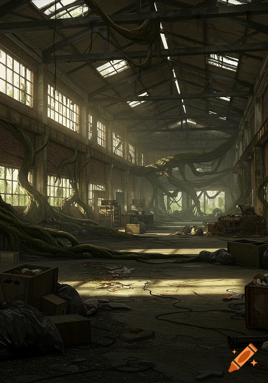 Sunlit, dilapidated warehouse interior overgrown with large roots, broken windows, scattered trash, and old machinery.