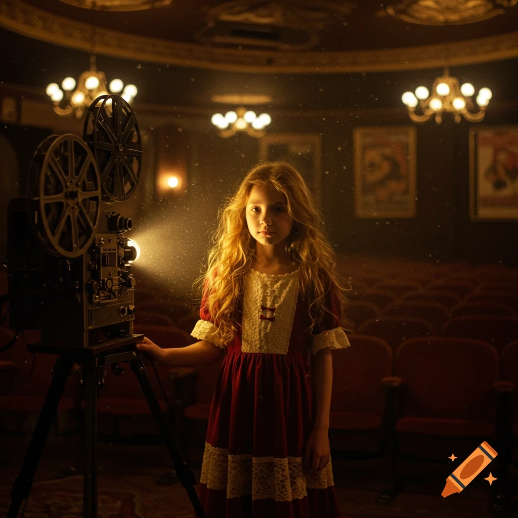 A young girl with long, wavy hair stands in an empty, dimly lit cinema beside an old film projector casting a dusty beam of light.