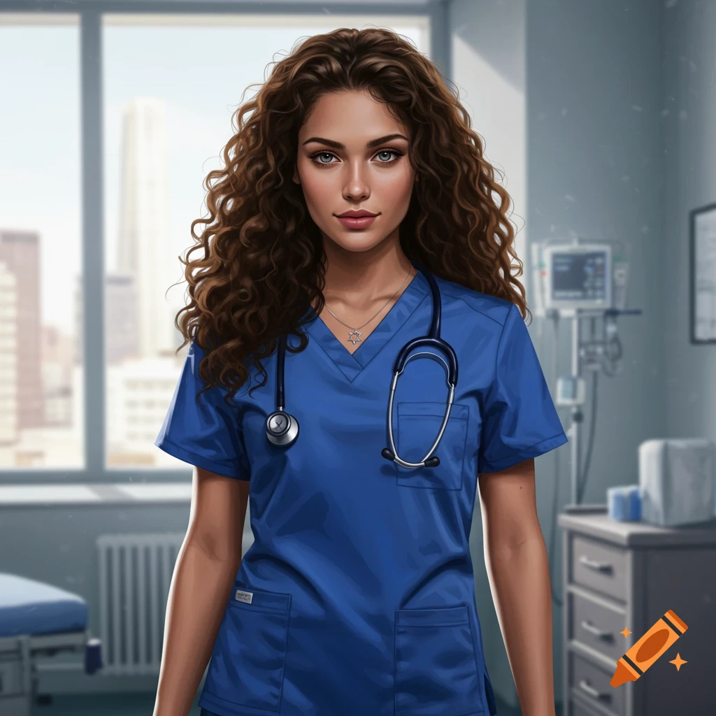 A woman with long curly brown hair, blue scrubs, and a stethoscope stands in a hospital room.