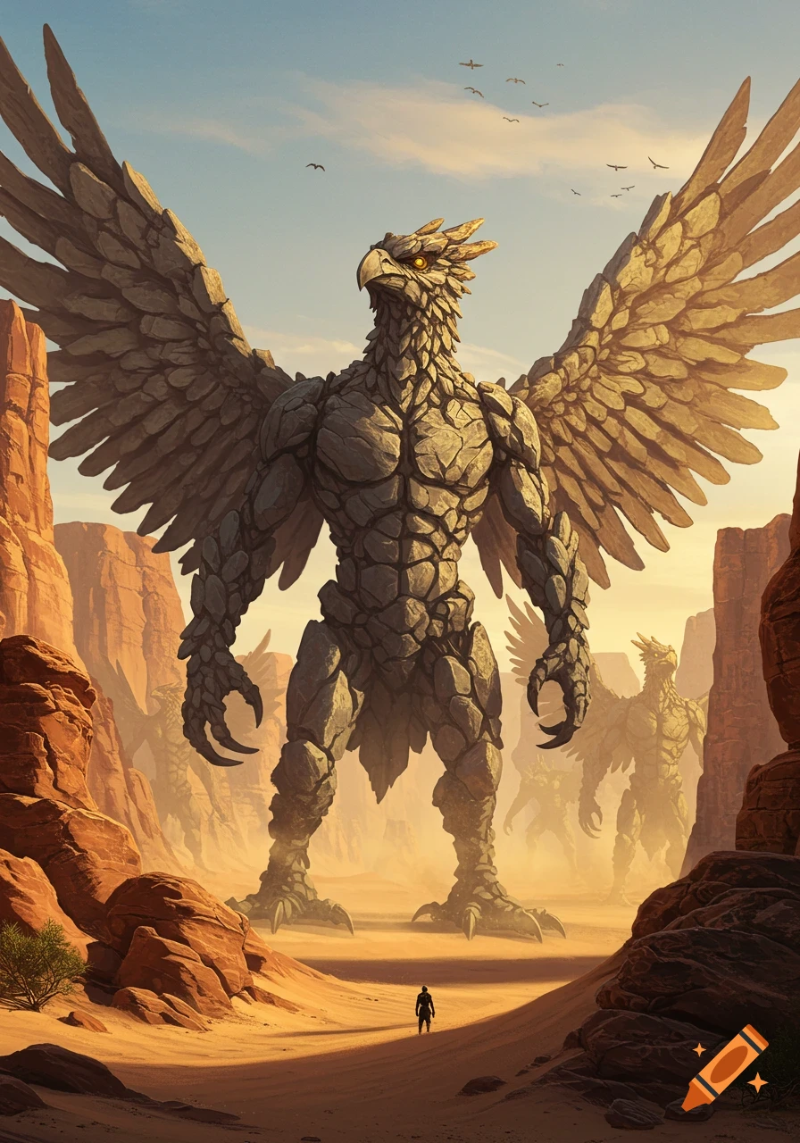 A small figure stands in a vast desert canyon, dwarfed by gigantic, winged rock monsters resembling eagles.