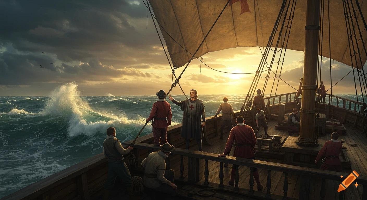 Christopher Columbus and crew on a wooden sailing ship crossing a turbulent Atlantic at sunrise, ultra-realistic painting.