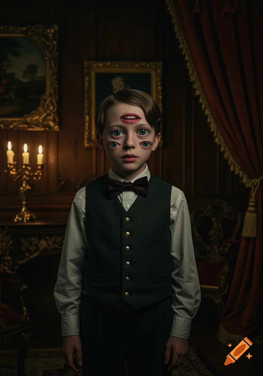 Photorealistic portrait of a boy in 19th-century clothes with multiple eyes and a mouth on his forehead.