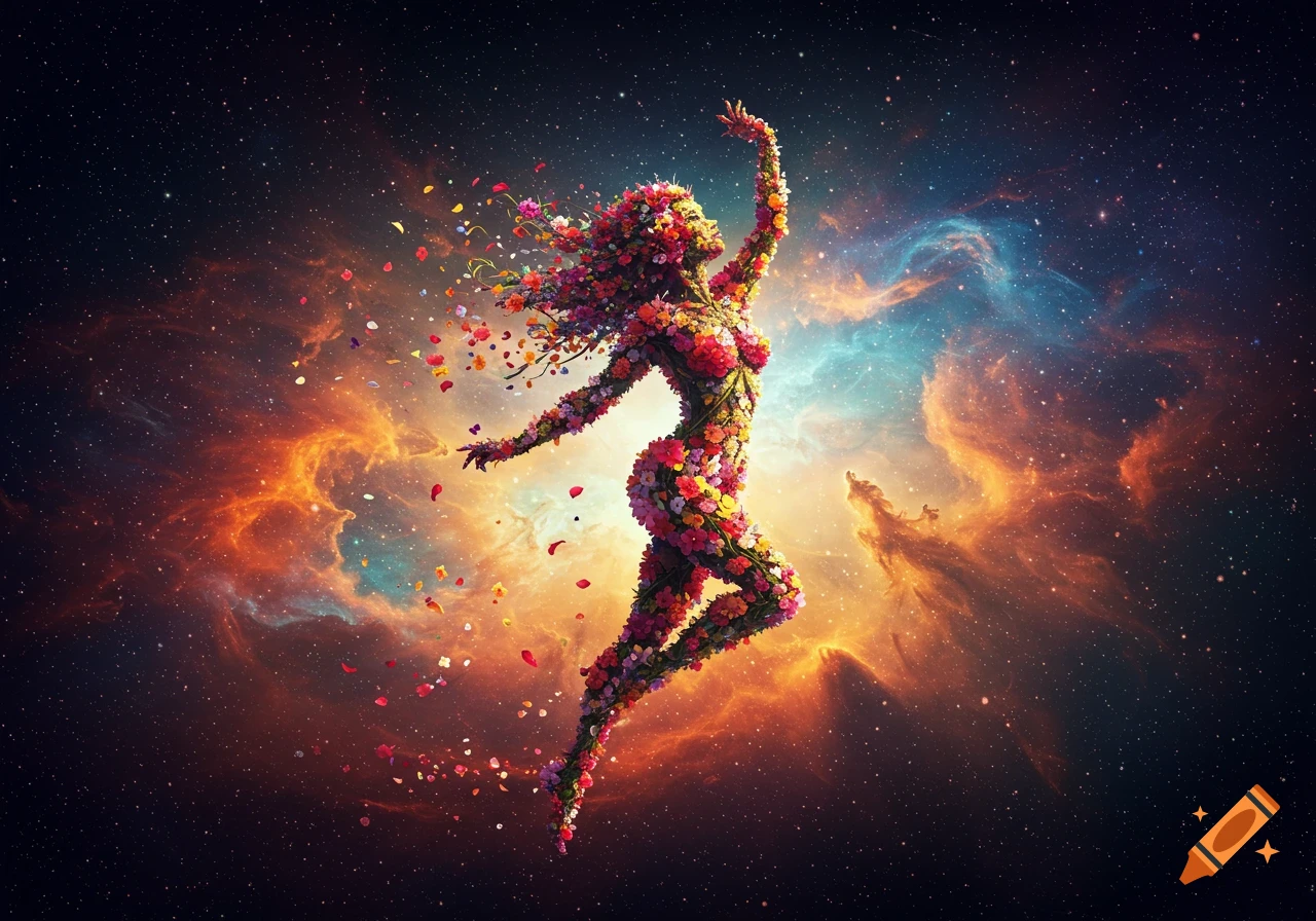 Vibrant dancing woman formed from colorful flowers, surrounded by a starry nebula sky with orange and blue hues.