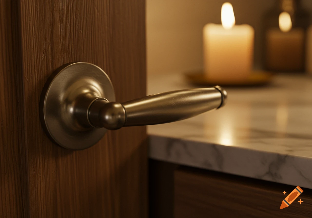 A close-up of a brass door handle on a wooden door, with a blurred candle and marble countertop in the background.