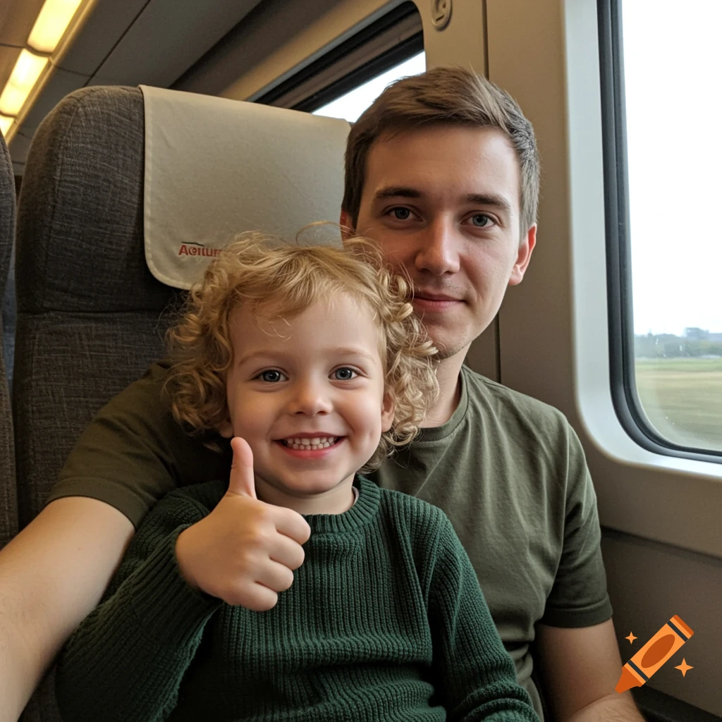 A man and a smiling curly-haired child giving a thumbs up ride a train.