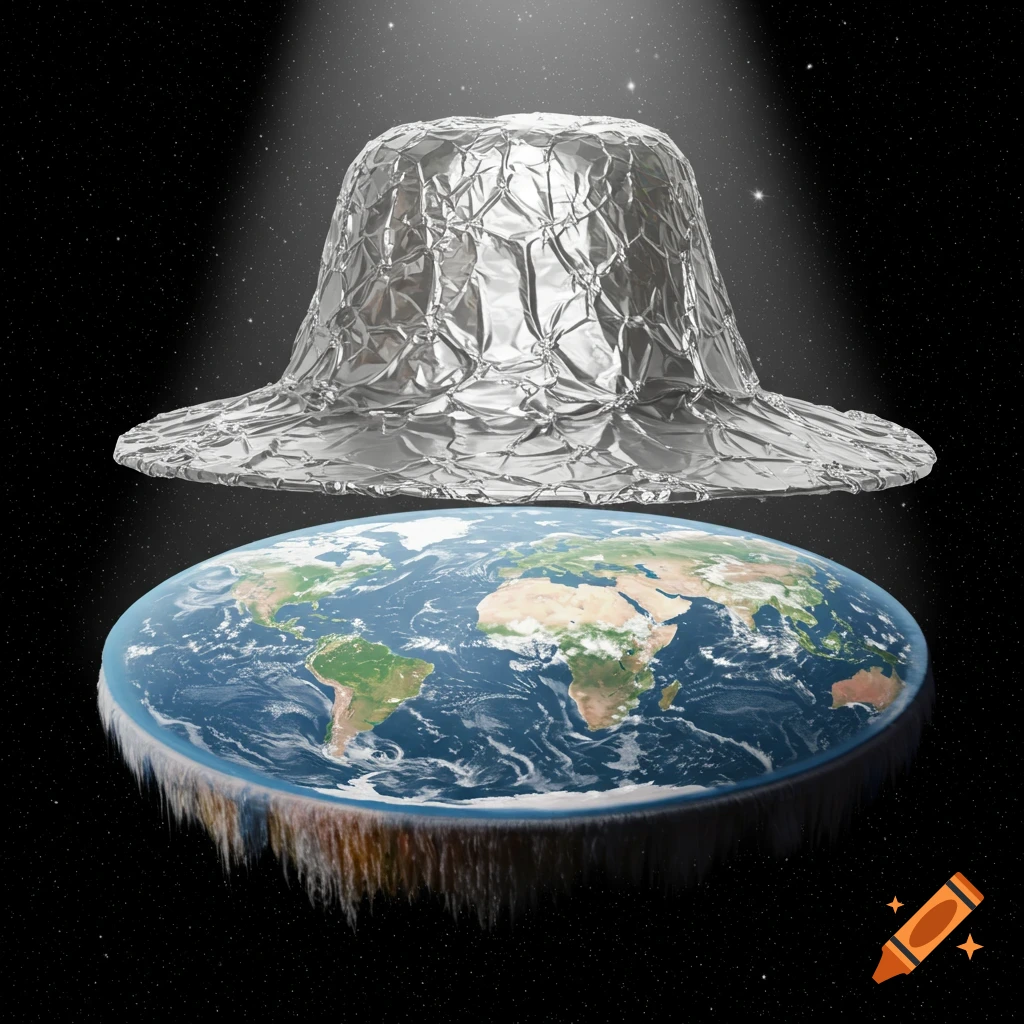 A flat Earth disc floating in space with a large, crumpled tin foil hat hovering above it, against a starry background.