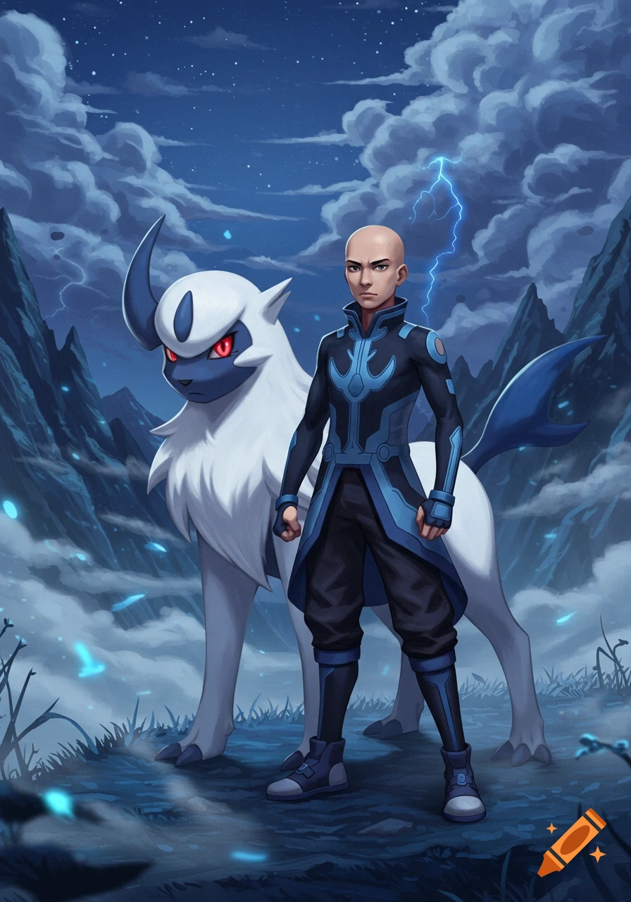 A bald Pokémon trainer in a blue and black suit stands next to an Absol, a white and blue creature, under a cloudy night sky with lightning.