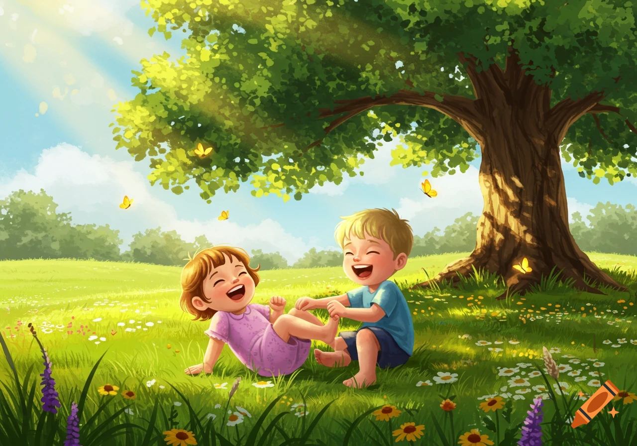 A happy boy tickles a laughing girl's feet in a sunny grassy field with a large tree and butterflies, in a colorful illustration style.